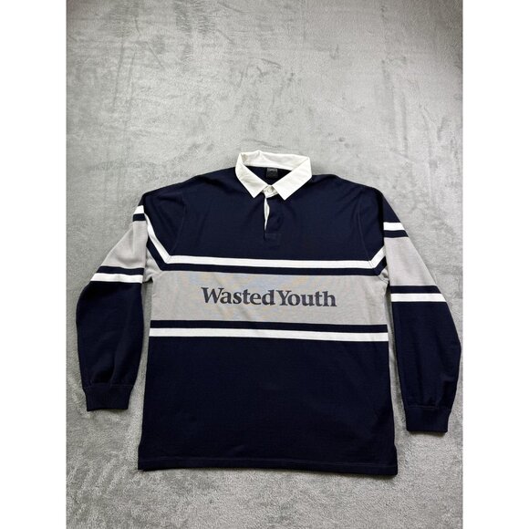 Wasted Youth Rugby Shirt Mens Large Navy Gray Long Sleeve Stripe Cotton - Picture 1 of 10